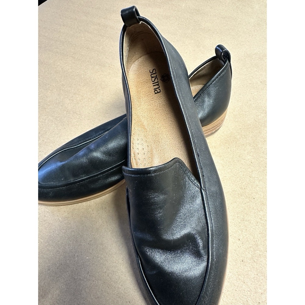 SUSINA Kellen Almond Toe Slip On Leather Loafer Low Block Heel Black Sz 7M Women